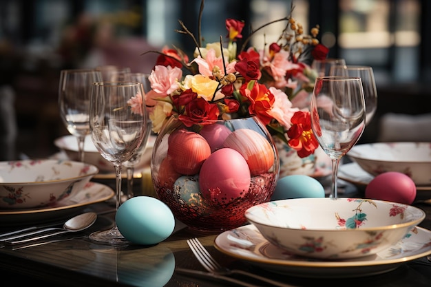 Foto la mesa de la cena de pascua con huevos de pascua coloridos y flores