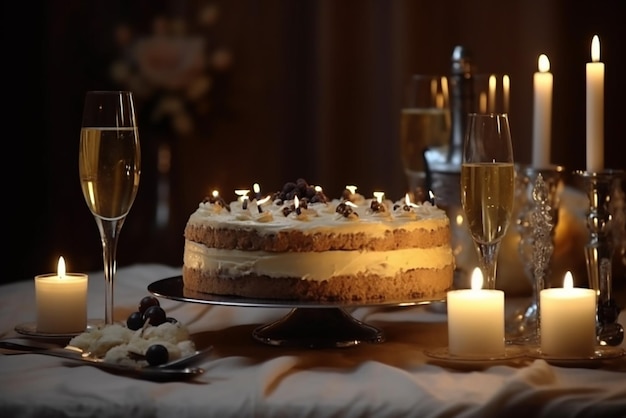 Mesa de cena con pastel velas champagne