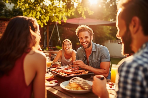 Mesa de cena en el patio trasero con deliciosas carnes a la parrilla verduras frescas y ensaladas gente feliz bailando alegremente a la música