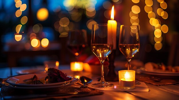 Una mesa de cena romántica con dos vasos de vino blanco y una vela