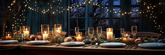 una mesa de cena romántica puesta al aire libre con velas