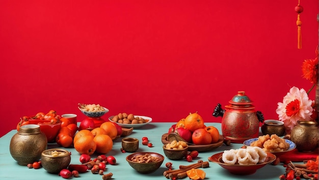 Mesa de cena tradicional china de Año Nuevo lunar sobre fondo rojo telón de fondo con espacio de copia