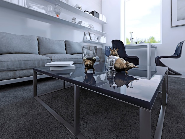 Mesa de centro azul oscuro con decoración en salón gótico moderno. Render 3D