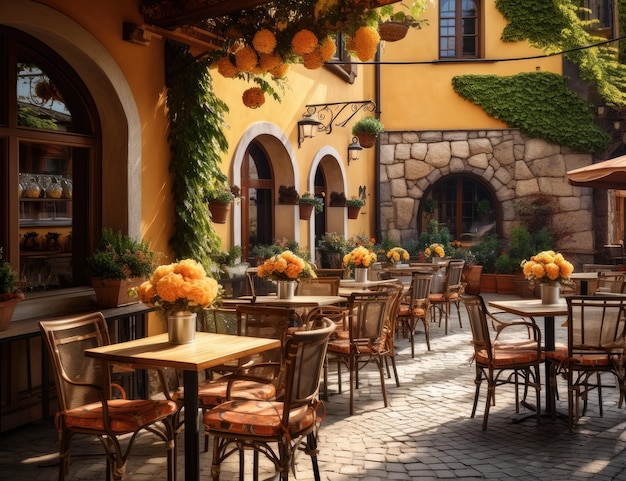 Mesa del centro de comida de la ciudad de estilo toscano por la nocheciudad toscana Creado con tecnología de IA generativa