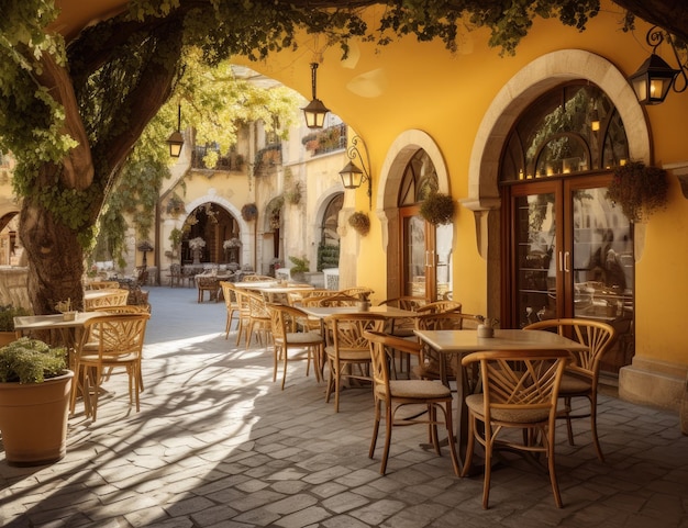 Mesa de centro de comida de estilo toscano en la ciudad de la noche de Tuscana creada con tecnología de IA generativa