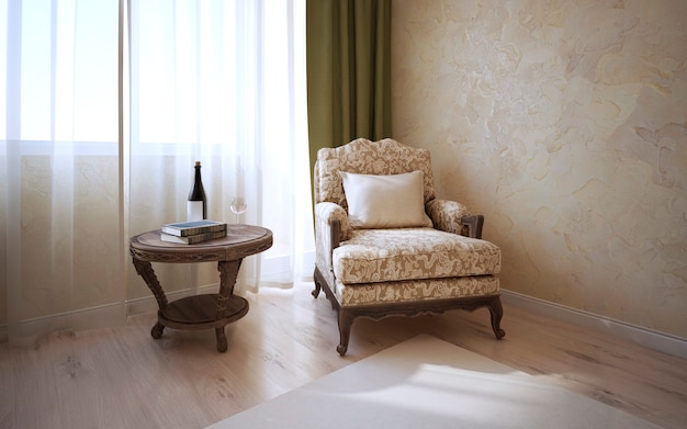 Mesa de centro con dibujos de roble oscuro y sillón suave con cojín cerca de la ventana en la habitación clásica