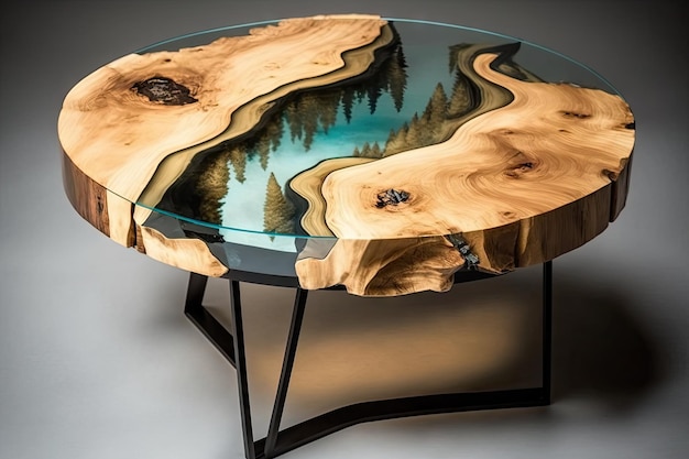 Mesa de centro de madera natural con tapa de cristal y patas de metal creadas con ai generativo