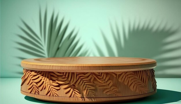 Una mesa de centro de madera con un patrón de hojas