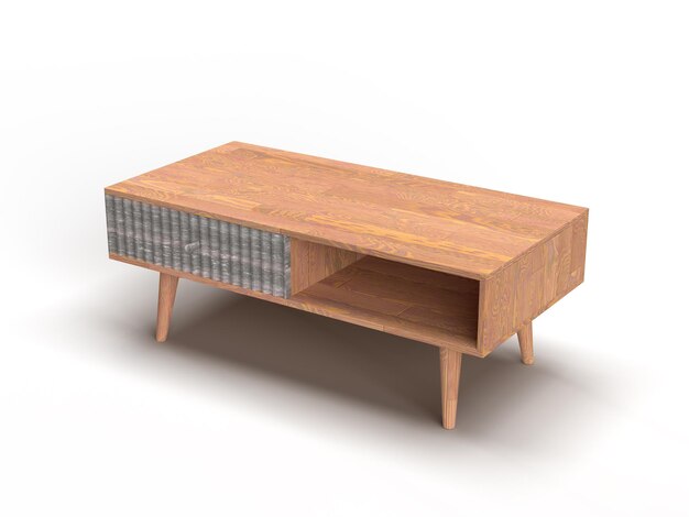 Una mesa de centro de madera con una tapa de metal y un estante