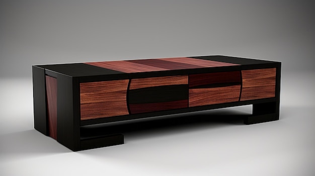 Mesa de centro moderna de madera oscura con 3 puertas y 5 cajones