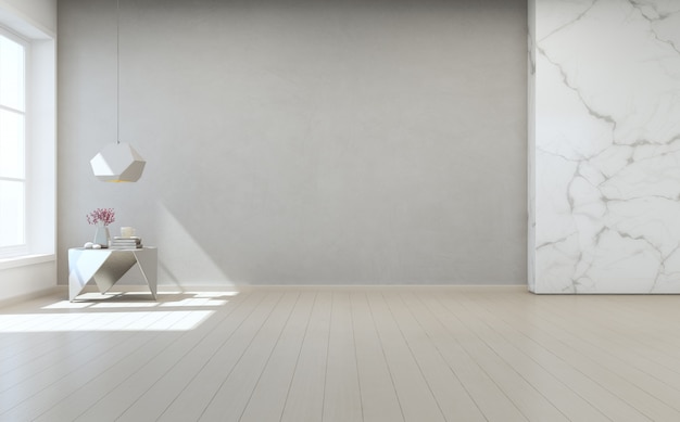 Mesa de centro en el piso de madera con mármol blanco y muro de hormigón gris en la sala grande en la nueva casa moderna.