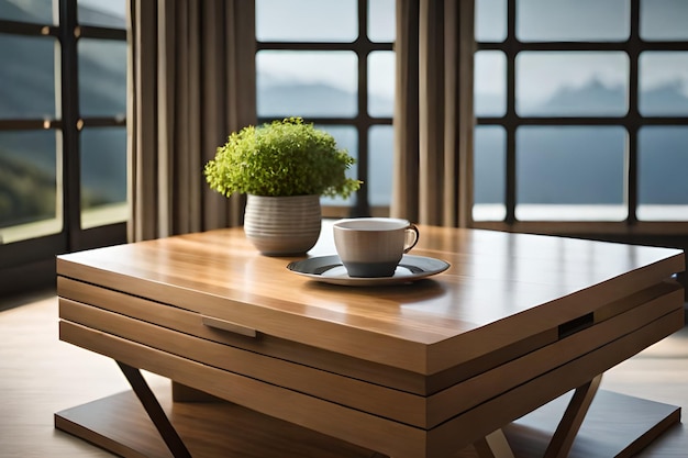 Una mesa de centro con una planta encima y una taza de café encima.