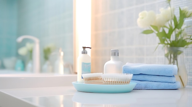 Mesa con cepillos de dientes y jabón dentro de un baño desfocalizado y brillante IA generativa