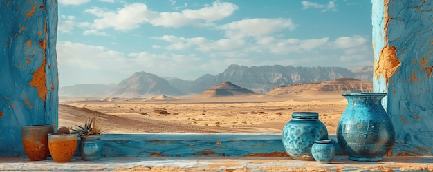 Mesa con cerámica en el desierto