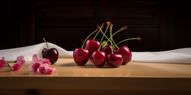 Una mesa con cerezas y flores.