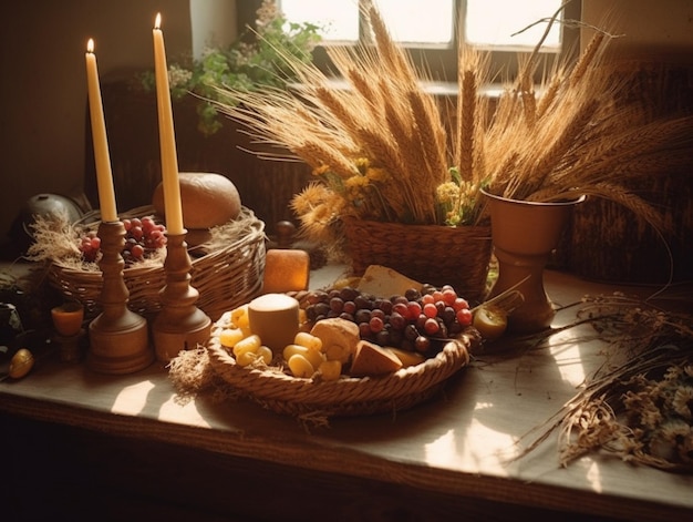 Una mesa con una cesta de frutas y velas encima.