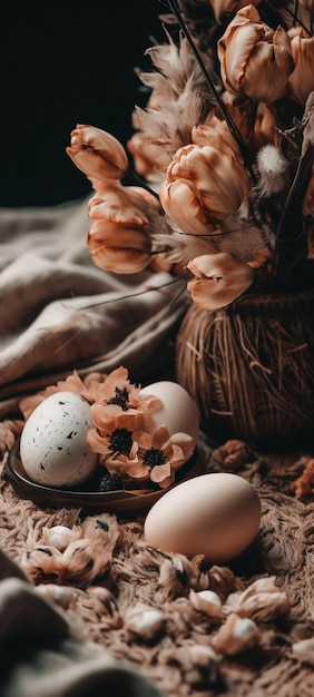 Una mesa con una cesta de huevos y un ramo de flores.