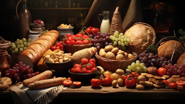 una mesa con cestas de verduras y frutas, incluidas uvas, ajo y ajo