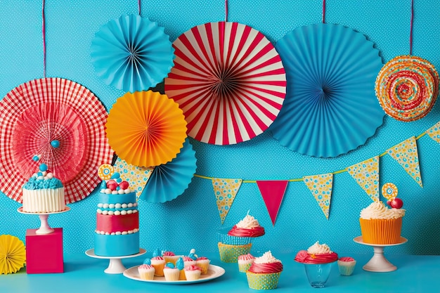 Mesa cheia de cupcakes coloridos e bolos cobertos com ventiladores de papel decorativos Generative AI