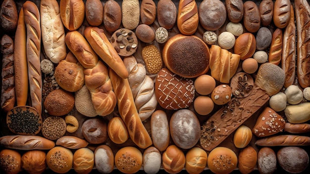 Mesa cheia de diferentes tipos de pão de todo o mundo