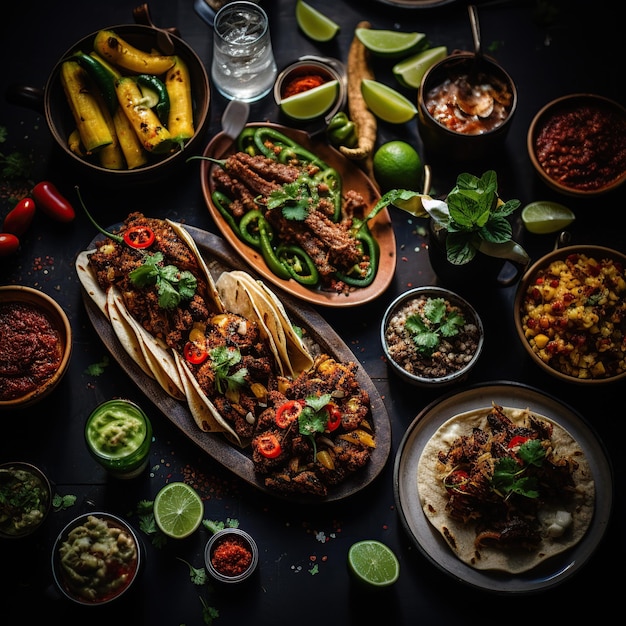 Mesa cheia de refeições mexicanas em pratos tacos frigoles carne de res burritos mexicanos nachos