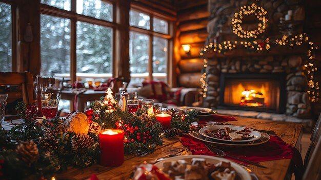 una mesa con una chimenea y un árbol de Navidad y una chimenea