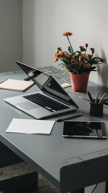 Mesa cinzenta com bloco de notas de portátil com pote de folha em branco de caneta de flores e tablet para retocar
