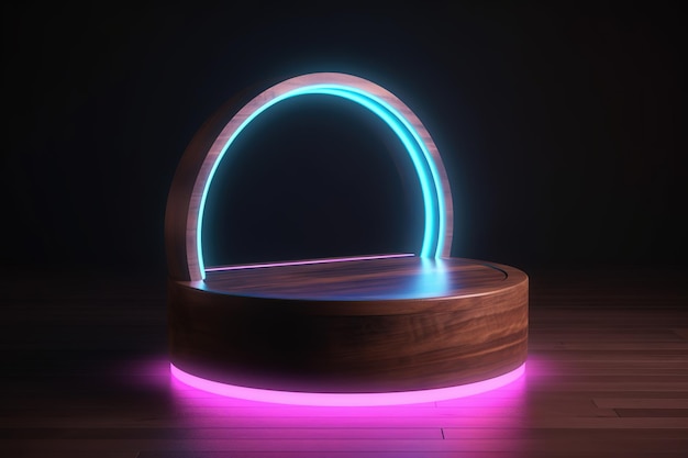 Una mesa circular con una luz azul sobre ella.