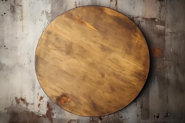 Foto mesa circular de madera en una superficie de hormigón desgastada