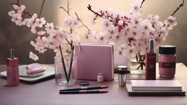Mesa coberta com um vaso cheio de flores cor-de-rosa