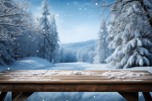 Mesa coberta de flocos de neve com cenário pitoresco de inverno