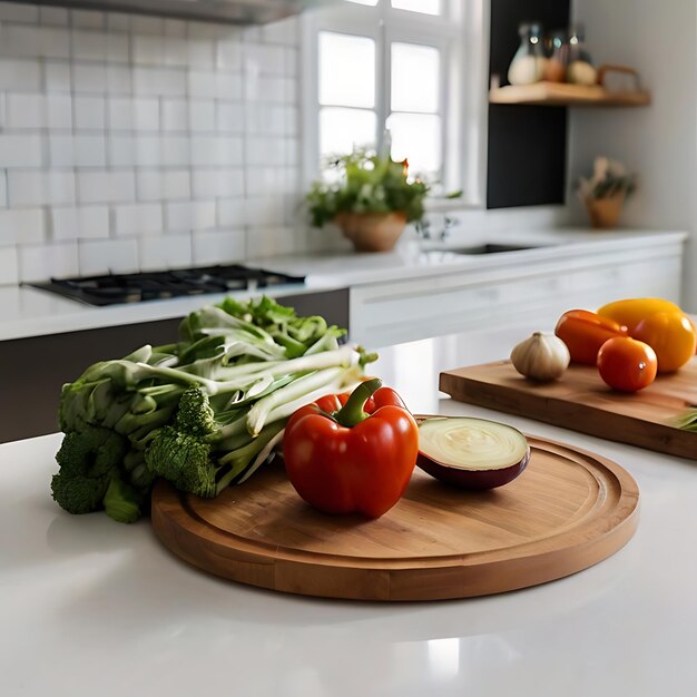 Mesa de cocina blanca en la que hay verduras picadas generadas por IA