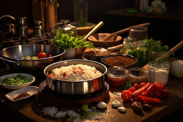 Una mesa de cocina con cuencos de comida que incluyen arroz, tomates y  otros ingredientes.