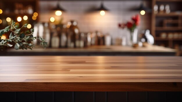 Mesa de cocina para la exhibición de productos con un interior moderno borroso