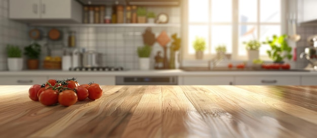 Foto mesa de la cocina con un fondo borroso del área de cocción en el interior