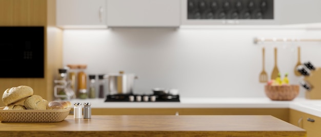 Mesa de cocina de madera de lujo con canasta de pan, botellas de sal y pimienta, espacio vacío para exhibición de montaje en el fondo de la sala de cocina moderna borrosa. Representación 3d, ilustración 3d