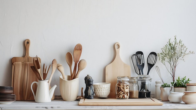 una mesa de cocina de madera con muchos utensilios de cocina diferentes y un frasco de comida