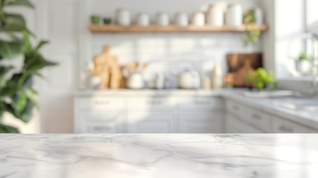 Mesa de cocina de mármol blanco mínima con espacio para copiar