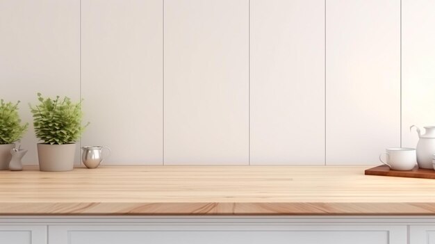 Foto mesa de cocina moderna con fondo de pared de cerámica blanca