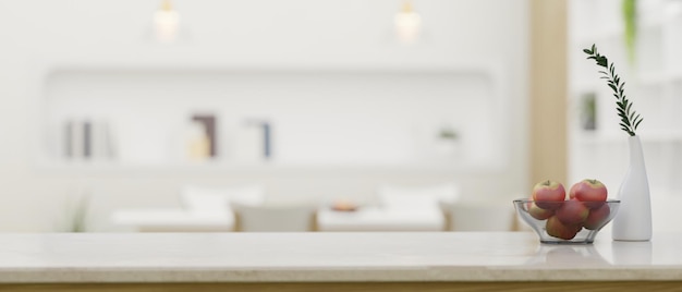 Mesa de cocina moderna de mármol blanco con espacio para copiar sobre cocina moderna en el fondo