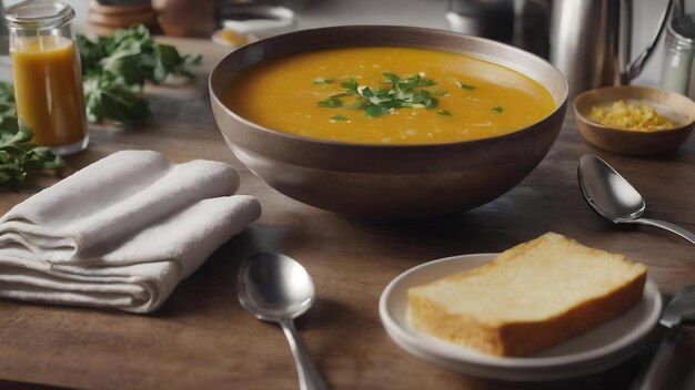 Mesa de cocina con plato de sopa y toalla