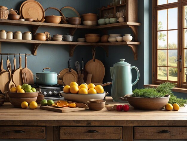 Mesa de cocina rústica con fondo de cocina de estudio de blureed para alimentos y productos de cocina