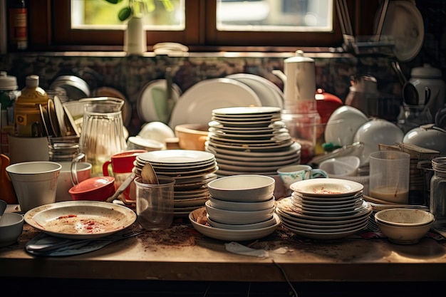 Mesa de cocina sucia con numerosos platos sucios