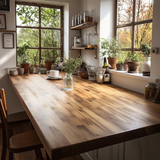 una mesa de cocina con una tapa de madera y una ventana que dice "nook quot"