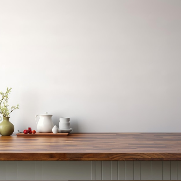 Una mesa de cocina vacía con fondo de cocina borroso espacio de mesa aislado para el producto y la comida