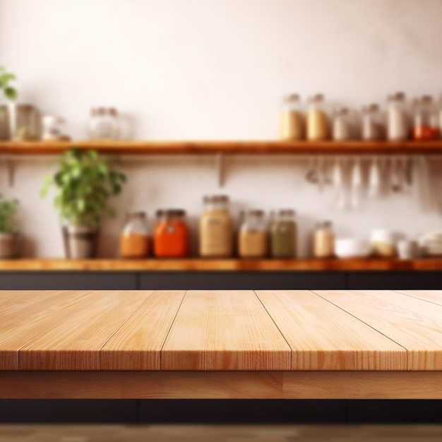 Una mesa de cocina vacía con fondo de cocina borroso espacio de mesa aislado para el producto y la comida