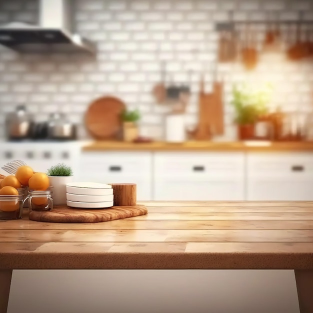 Mesa de cocina vacía con fondo de cocina borroso. mesa aislada, espacio para productos y alimentos.