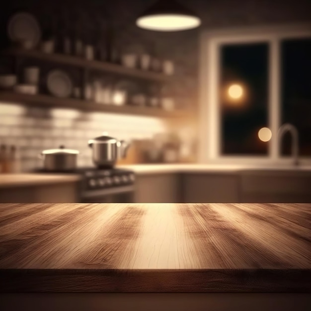 Mesa de cocina vacía con fondo de cocina borroso. mesa aislada, espacio para productos y alimentos.