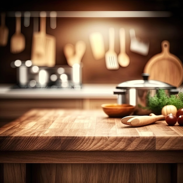 Mesa de cocina vacía con fondo de cocina borroso. mesa aislada, espacio para productos y alimentos.