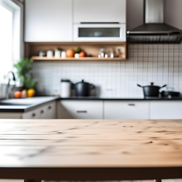 Mesa de cocina vacía y fondo de cocina borroso